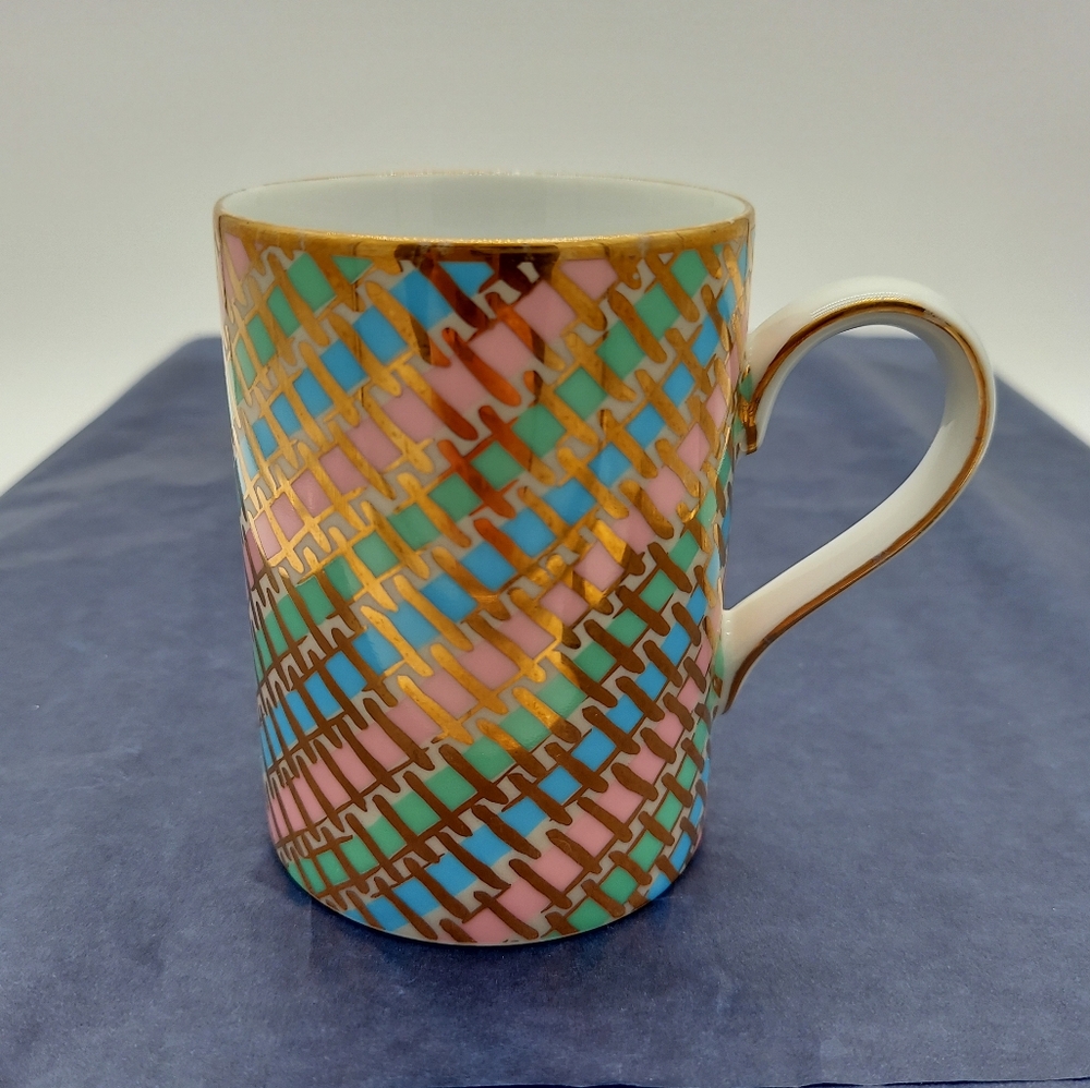 Fil D'or Fitz & Floyd Coffee Mug Tea Cup 8oz Porcelain Pink Blue Gold